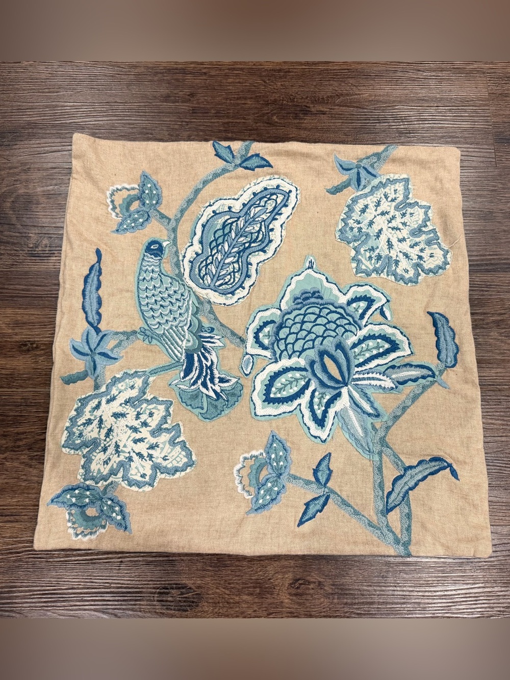 Pottery Barn Blue and Tan Embroidered Floral Pillow Cover